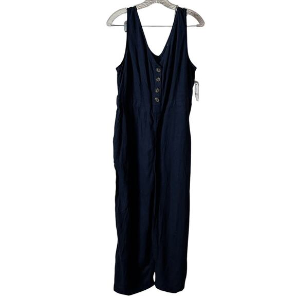 Time And Tru Navy Blue Linen Jumpsuit Romper M (8 - 10) Button Up No Belt NWT - Picture 2 of 12